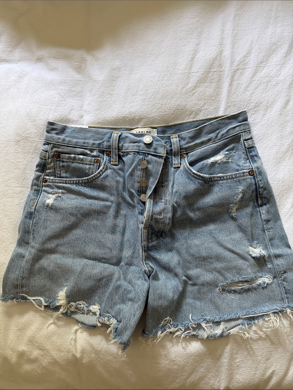 AGOLDE Light Blue Distressed High-Rise Denim Shorts